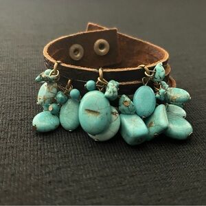 JENNY RABELL Turquoise Stone Charm, Hand Tooled Leather & Brass Adjustable Brace
